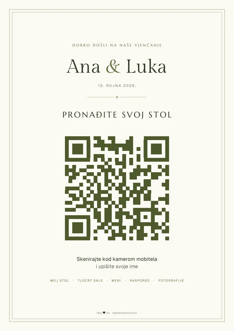 QR ploča „Pronađite svoj stol” u stilu maslina, s imenima mladenaca i QR kodom